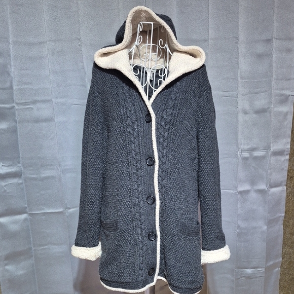 L.L. Bean Jackets & Blazers - L.L. Bean Charcoal Hooded Cardigan with Ivory Trim